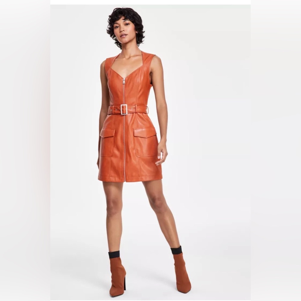 Avec Les Filles Women's Faux-Leather Utility Belted Mini Dress